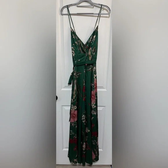Lulu's Still the One Emerald Green Floral Print Satin Maxi Dress - Picture 4 of 16